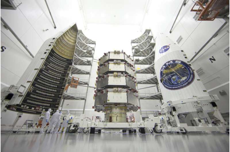 Четыре магнитосферных многомасштабных спутника НАСА (MMS) на базе Astrotech Space Operations в Титусвилле, Флорида, март 2015 года. Изображение предоставлено НАСА через AP Ученые обнаружили щебечущие космические волны в неожиданной части космоса