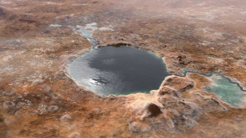 Иллюстрация Jezero Crater, так как он мог выглядеть миллиарды лет, идут на Марс, когда это было озеро. Jezero Mons виден на передней правой части кратера. Кредит: НАСА Вулкан «Скрыт на виду» может помочь датировать Марс - и его обитаемость